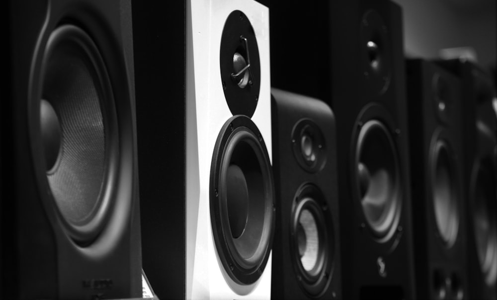 Home speakers on a wooden surface